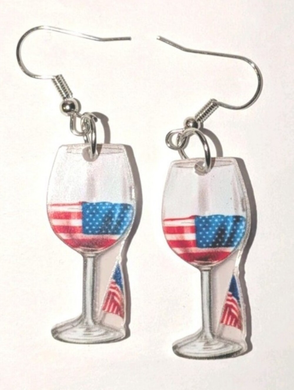 Patriotic American Flag Wine Glass Dangle Earrings - Red, White & Blue